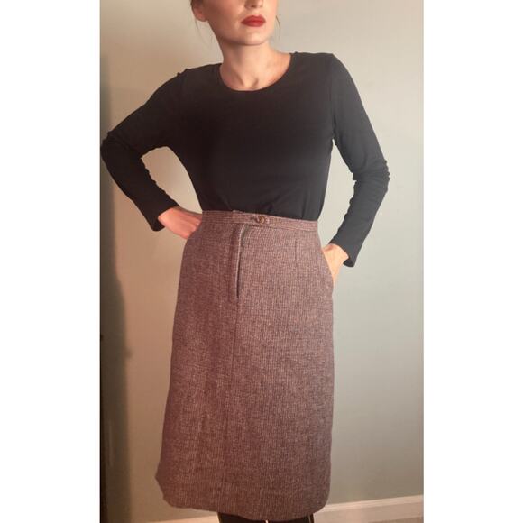 Harris Tweed Pencil Skirt Vintage Brown Blue Fabulous Classic Elegance Sz 12 M - Picture 2 of 9